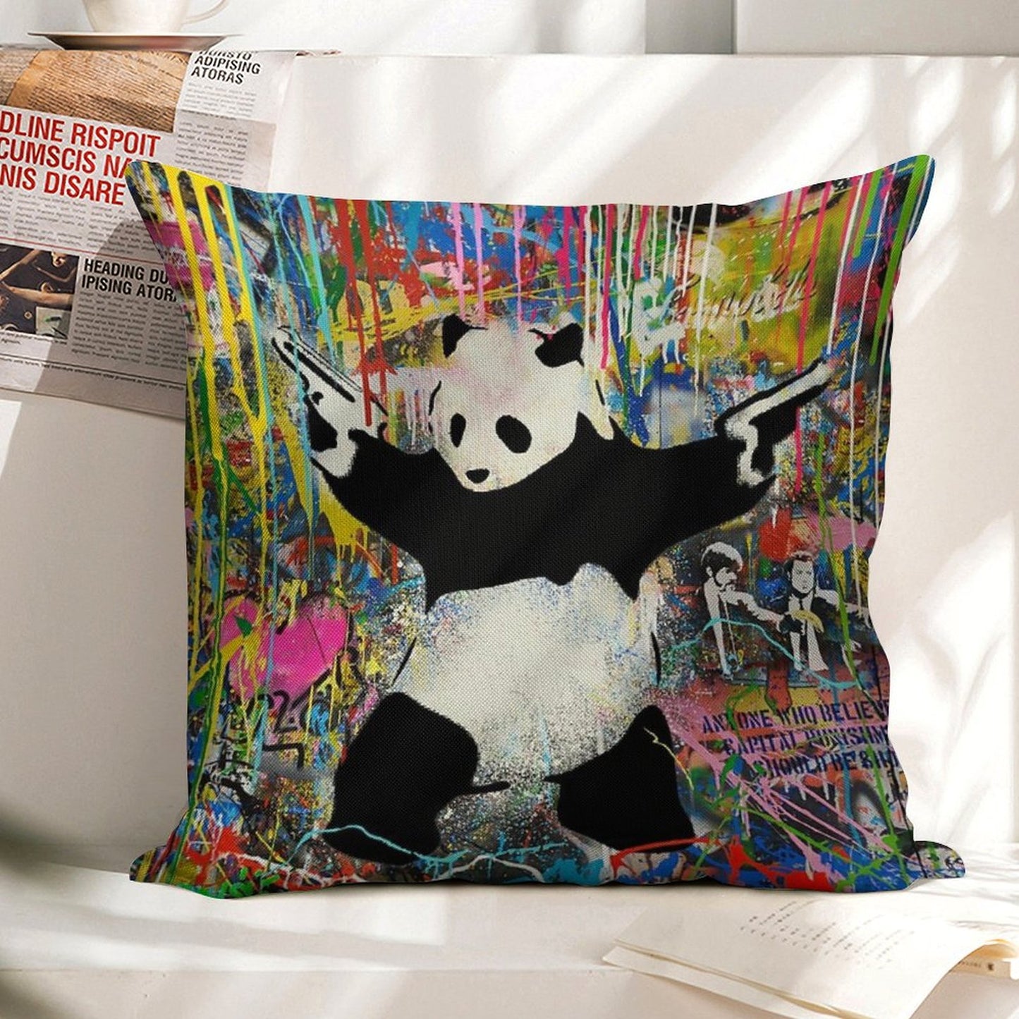 Panda With Guns Stick Em Up - Pop Street Art Banksy Linen Throw Pillow Cover