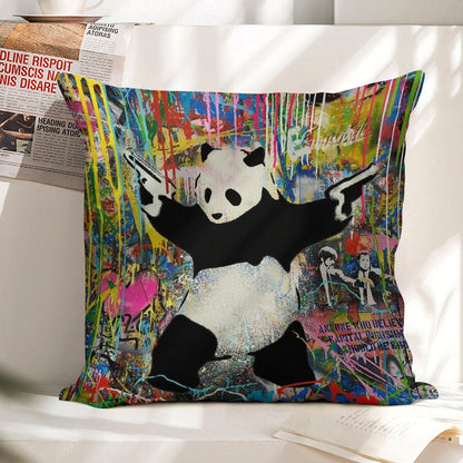 Panda With Guns Stick Em Up - Pop Street Art Banksy Linen Throw Pillow Cover