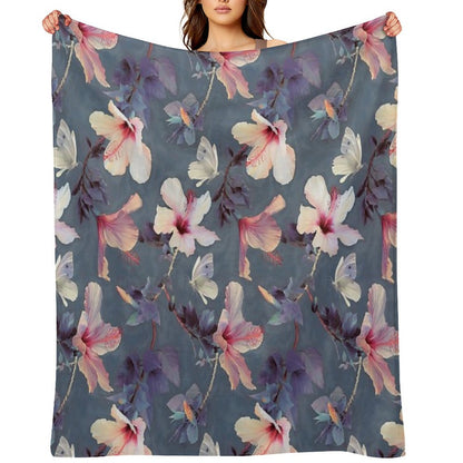 Butterflies And Hibiscus Flowers - A Painted Pattern Throw Blanket
