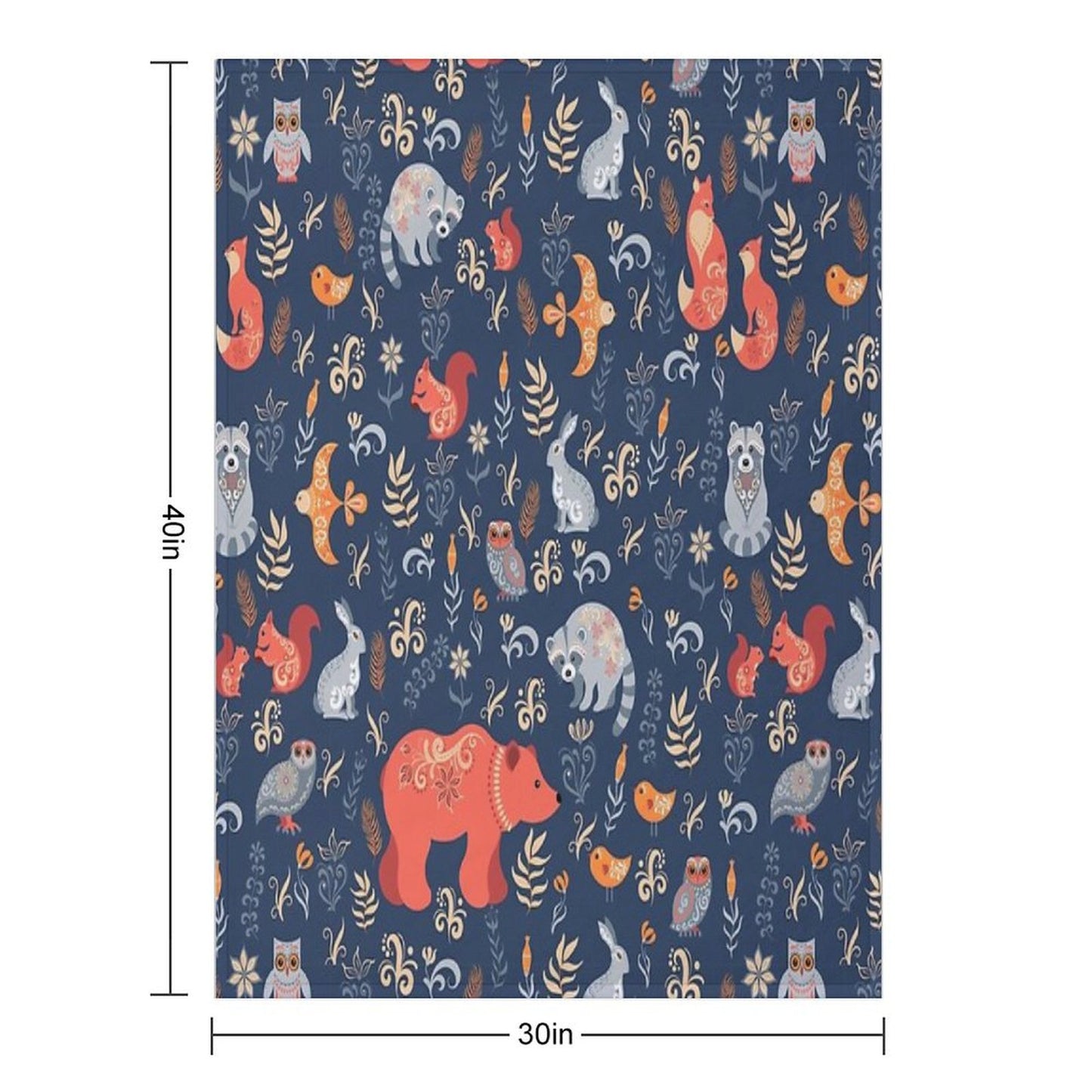 Fairy-tale Forest. Fox, Bear, Raccoon, Owls, Rabbits, Flowers And Herbs on A Blue Background. Throw Blanket