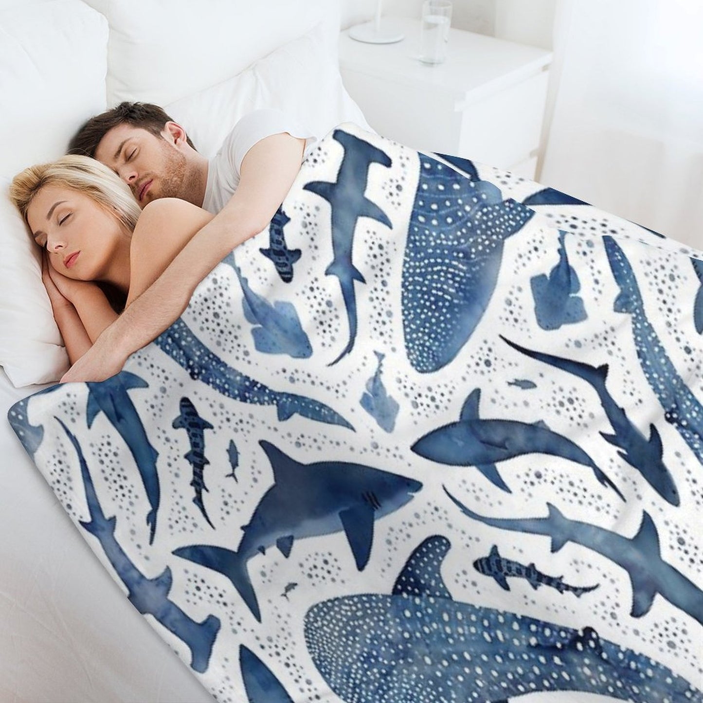 Monochrome Blue Watercolour Shark Ocean on White Throw Blanket