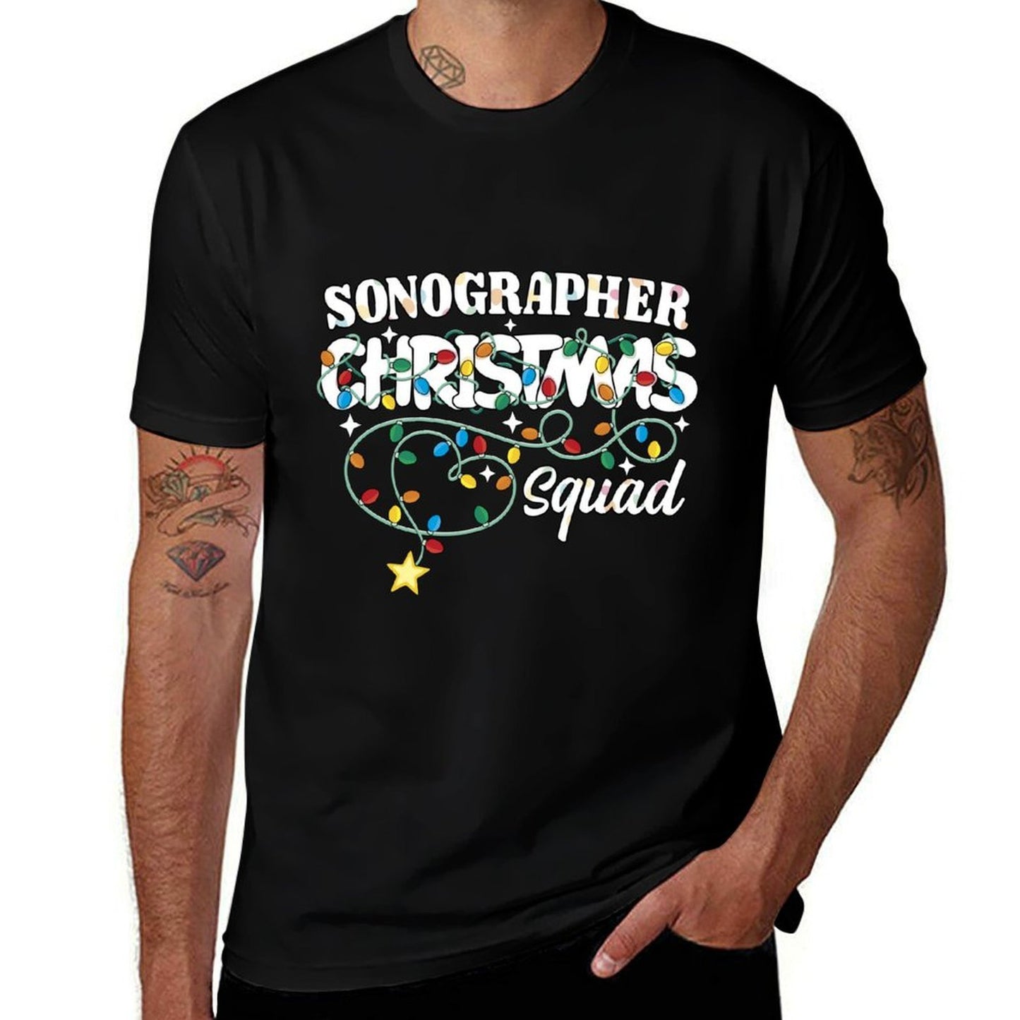 Sonographer Christmas Squad Ultrasound Technician Xmas Light  Ribbed Collar T-Shirt