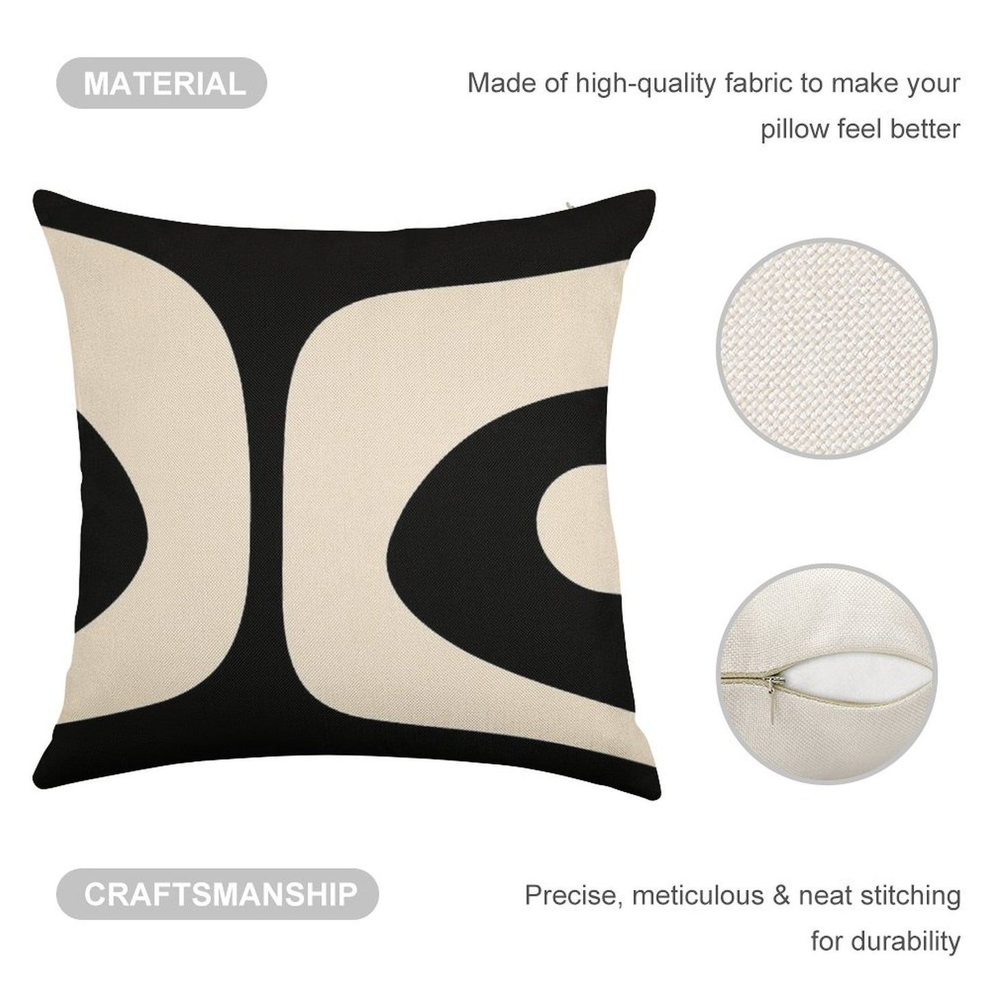 Retro Piquet Mid Century Modern Abstract Pattern 2 in Black And Almond Cream Linen Throw Pillow Cover