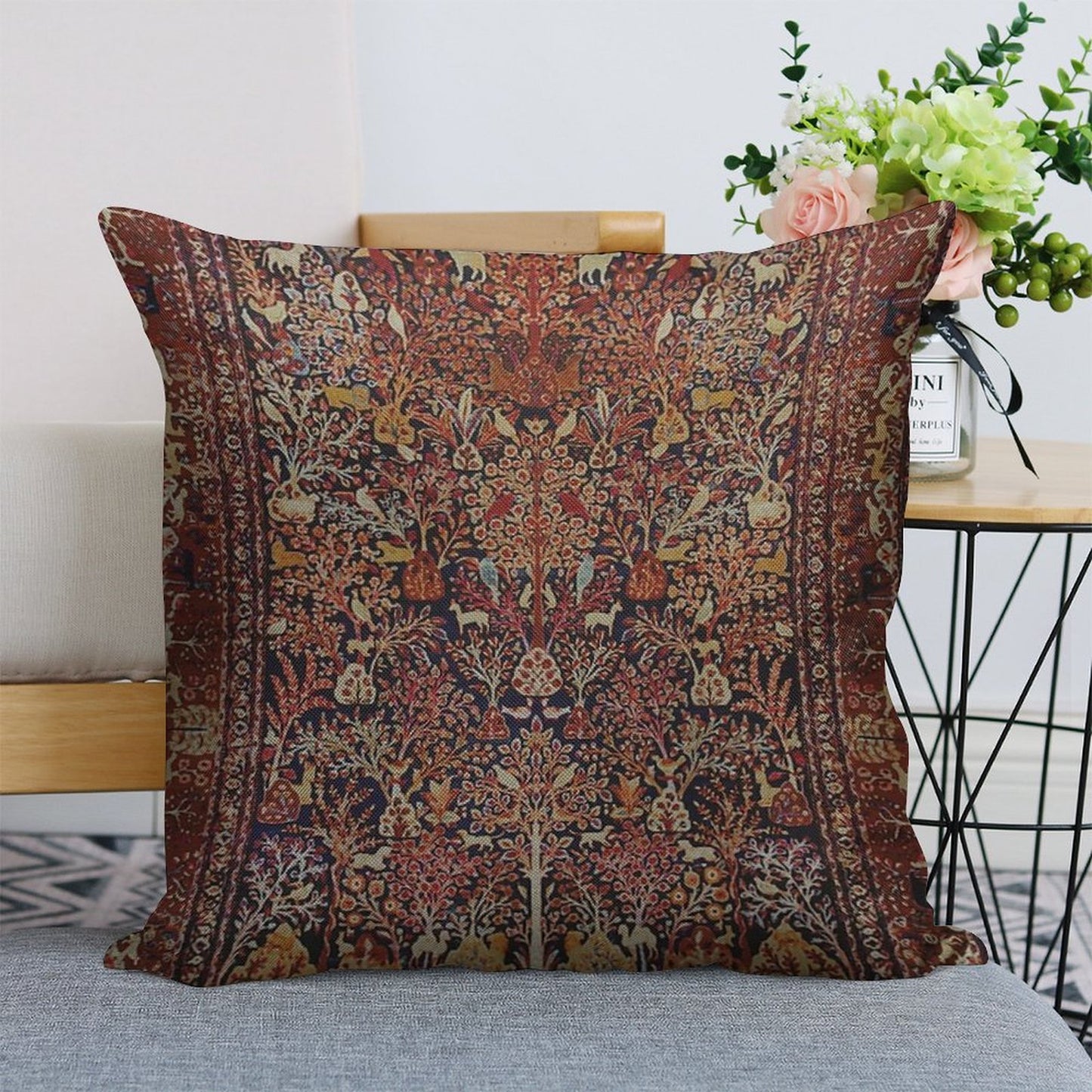 Persian Vintage Antique Carpet Nature Fine Art Linen Throw Pillow Cover
