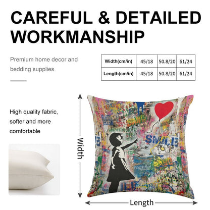 Balloon Girl Street Art Mashup Linen Throw Pillow Cover