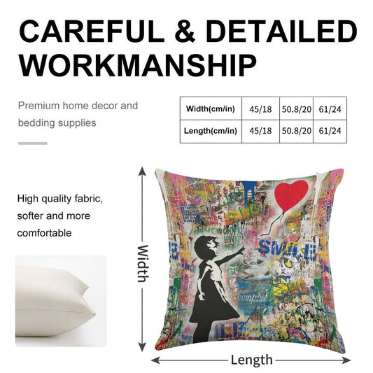 Balloon Girl Street Art Mashup Linen Throw Pillow Cover