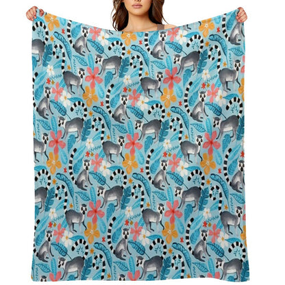 Gouache Lemur Land on Blue Throw Blanket