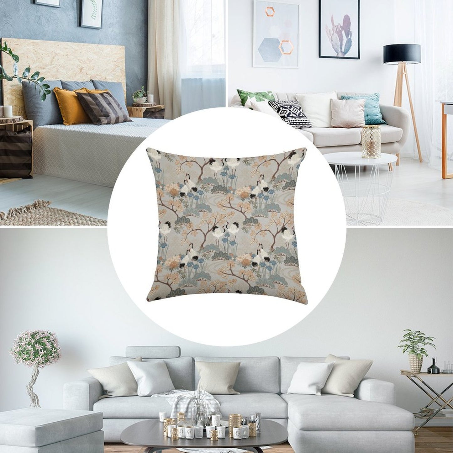Japanese Garden Gray Linen Throw Pillow Cover