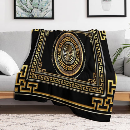 Greek Key Meander Black Gold Large Throw Blanket