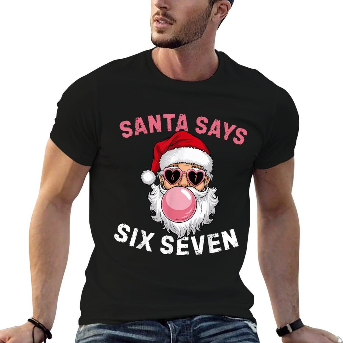 Funny Santa Blowing Bubble Gums Says Six Seven Christmas 67  Fade-proof Color T-Shirt