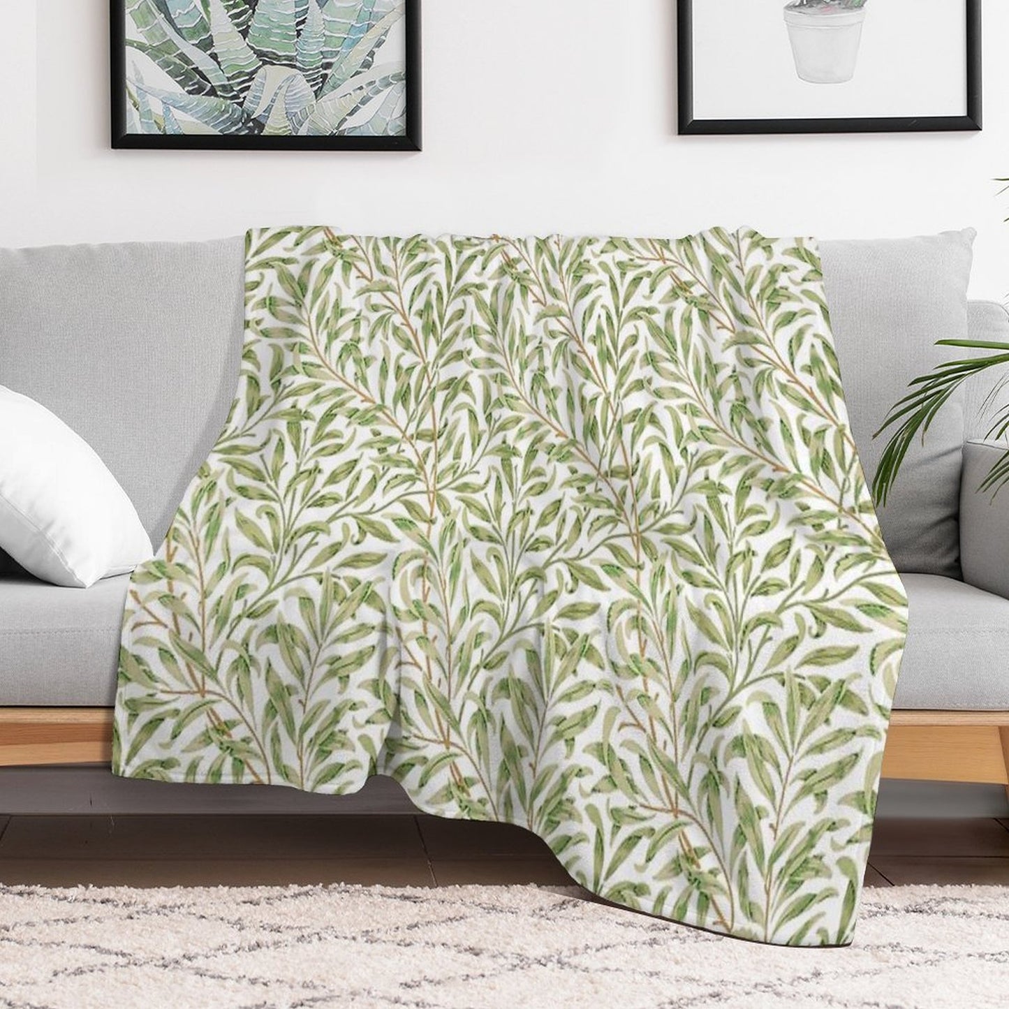 Willow Bough by William Morris - Seamless-  Gold Green Leaves on Off White Background Throw Blanket