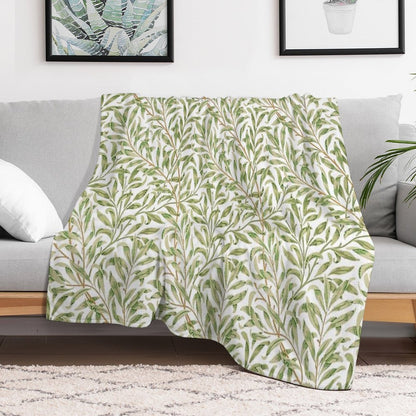 Willow Bough by William Morris - Seamless-  Gold Green Leaves on Off White Background Throw Blanket