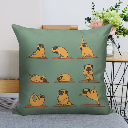 Pug Yoga Linen Throw Pillow Cover