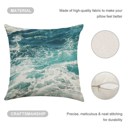 Blue Ocean Waves Linen Throw Pillow Cover