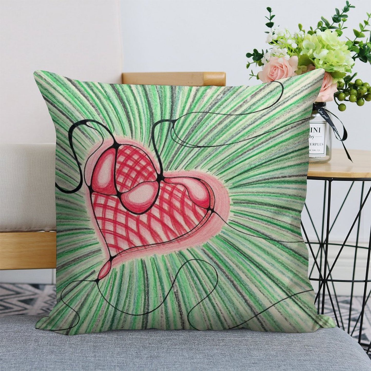 Heart Design with Green Background Linen Throw Pillow Cover
