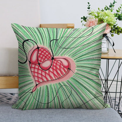 Heart Design with Green Background Linen Throw Pillow Cover