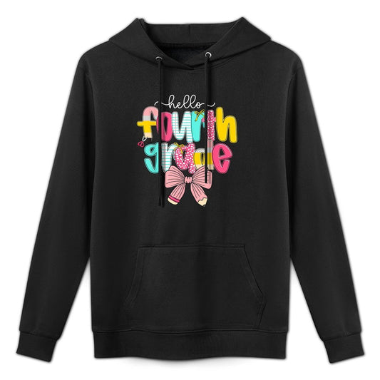Preppy Hello 4th Grade Teacher Coquette Bow Back To School Colorfast Hoodie