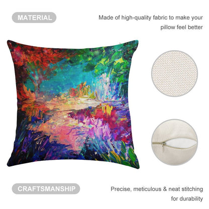 WELCOME TO UTOPIA Bold Rainbow Multicolor Abstract Painting Forest Nature Whimsical Fantasy Fine Art Linen Throw Pillow Cover