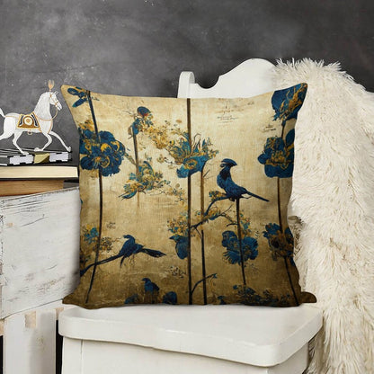 Blue And Gold Chinoiserie Painting with Birds And Flowers Linen Throw Pillow Cover