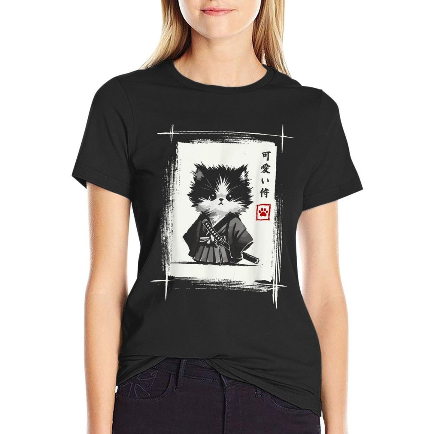 Samurai Cat Japanese Art Sumi-e Novelty Kawaii Funny Cat  Graphic-printed T-Shirt