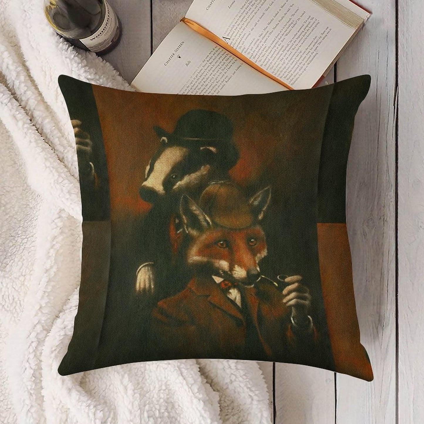 Fox And Badger Holmes And Watson Linen Throw Pillow Cover