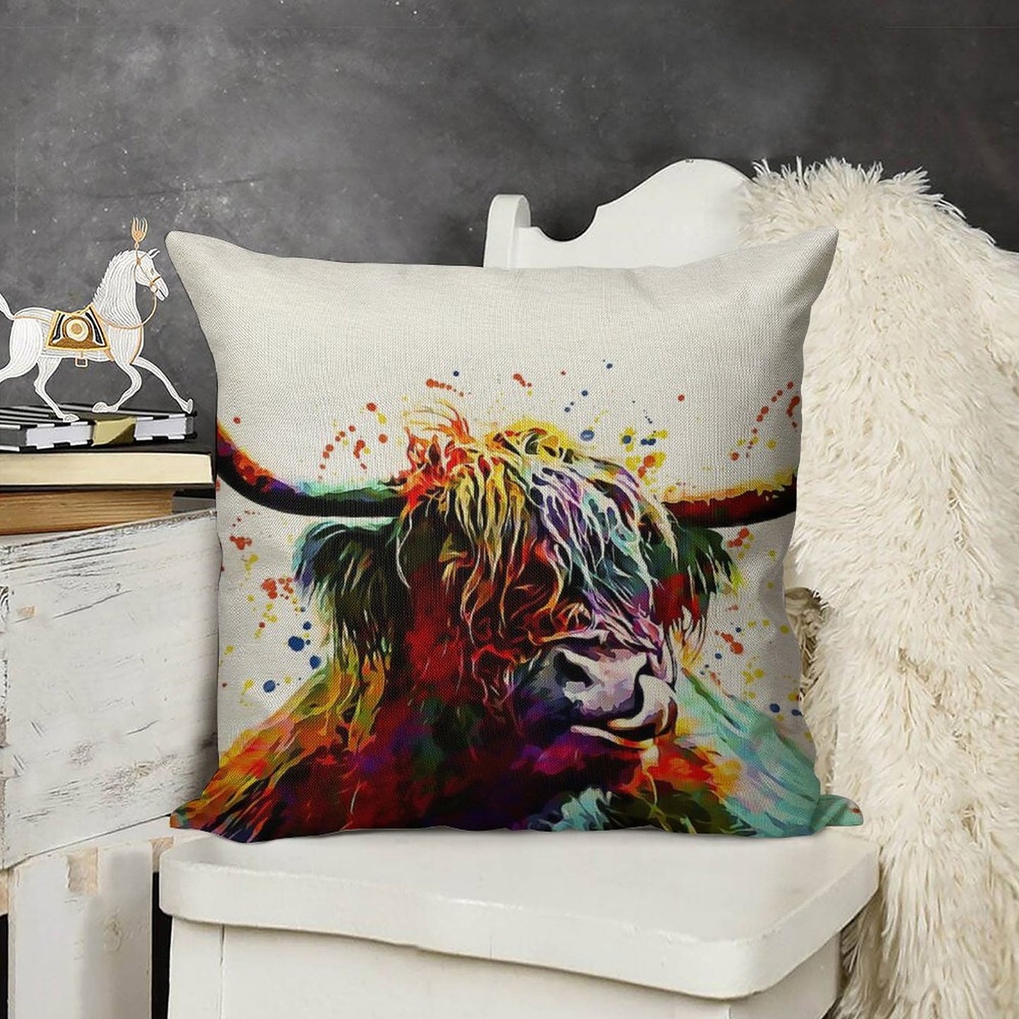 Highland Cow Watercolor Art Work Linen Throw Pillow Cover