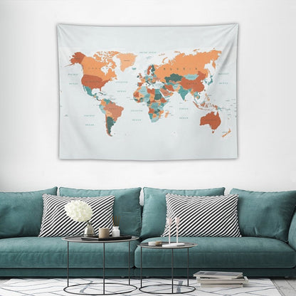Map of The World in Burnt Orange And Teal Tapestry