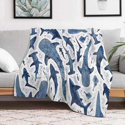 Monochrome Blue Watercolour Shark Ocean on White Throw Blanket