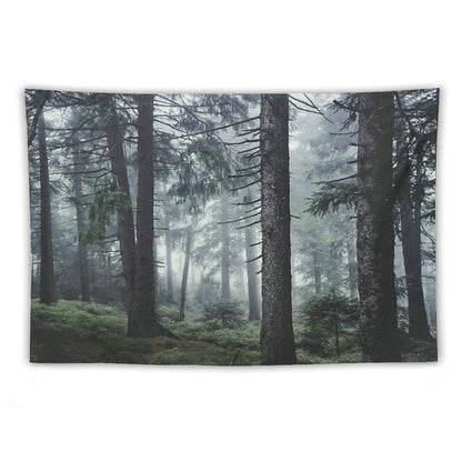 Path Vibes  Wild Romantic Misty Retro Fall Wilderness Fairytale Forest With Cascadia Trees Covered In Magic Blue Fog Season Tapestry