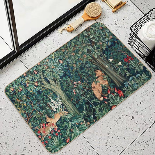 GREENERY, FOREST ANIMALS Fox And Hares Blue Green Floral Tapestry Bath Mat