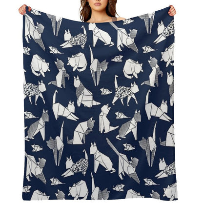 Origami Kitten Friends  Blue Navy Background Paper Cats Throw Blanket