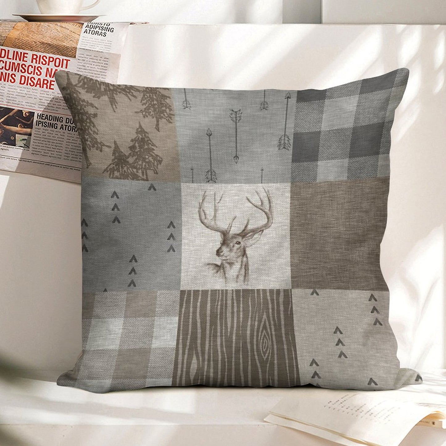 Deer Patchwork - Rustic Neutrals Linen Throw Pillow Cover