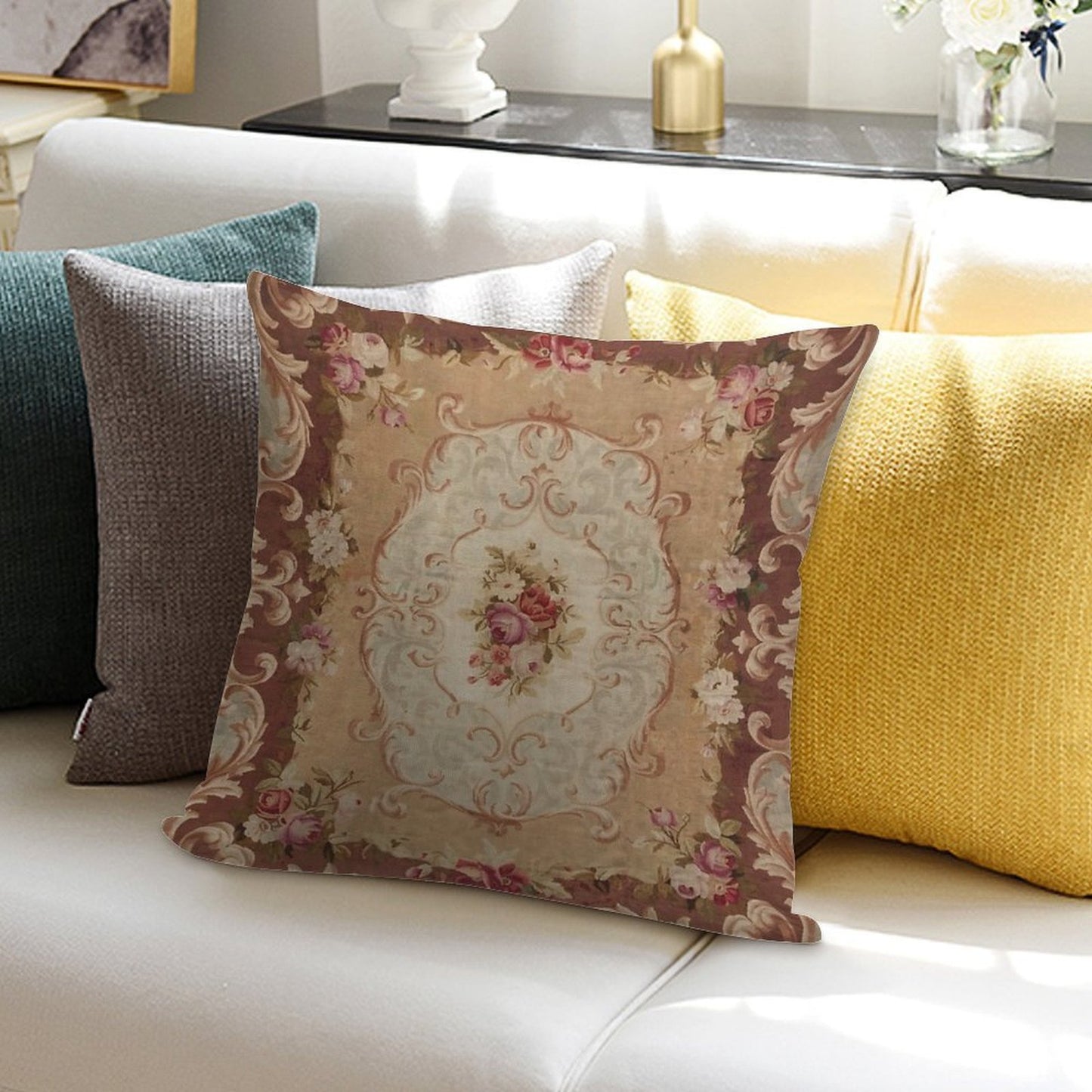 Antique Rose Floral French Aubusson Rug Print Soft Fade-Resistant Throw Pillow