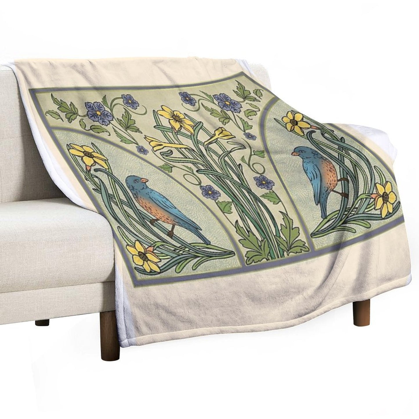 Bluebirds And Spring Blossoms Inspired By Art Nouveau Throw Blanket