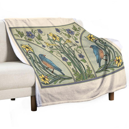 Bluebirds And Spring Blossoms Inspired By Art Nouveau Throw Blanket