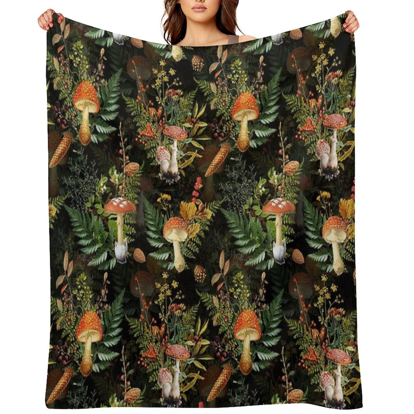 Vintage Midnight Toadstools in The Forest Botanical Night Garden on Black Nightgarden Throw Blanket