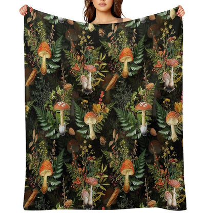 Vintage Midnight Toadstools in The Forest Botanical Night Garden on Black Nightgarden Throw Blanket