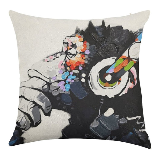 Banksy DJ Monkey Thinker with Headphones White Linen Throw Pillow Cover