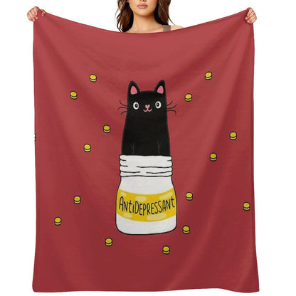 FUR ANTIDEPRESSANT . Cute Black Cat Illustration. A Gift for A Pet Lover. Throw Blanket