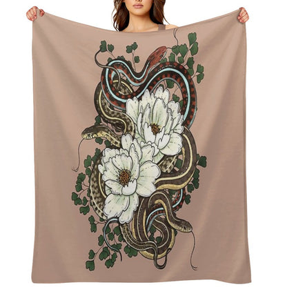 Garter Snakes with White Peonies Throw Blanket
