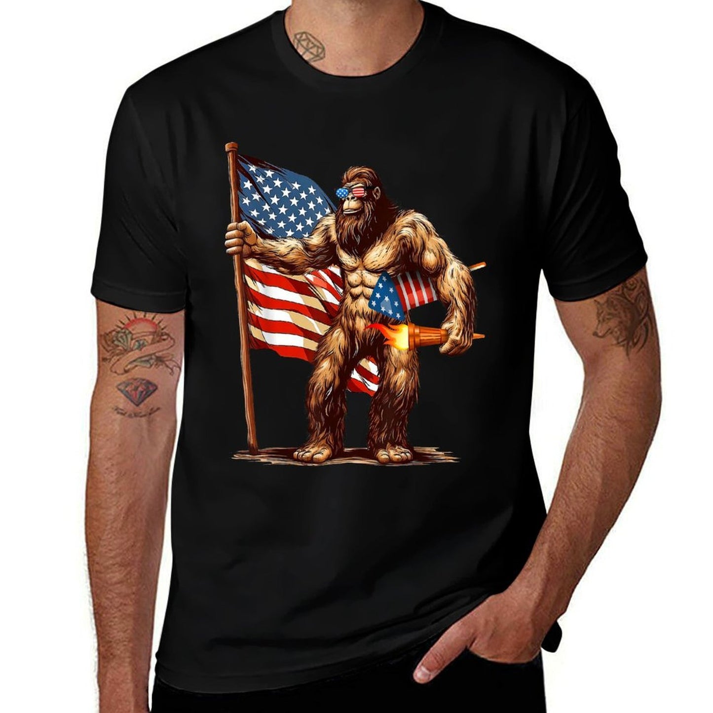 Bigfoot Fireworks 4th of July Men Sasquatch American US  Heathered Texture T-Shirt