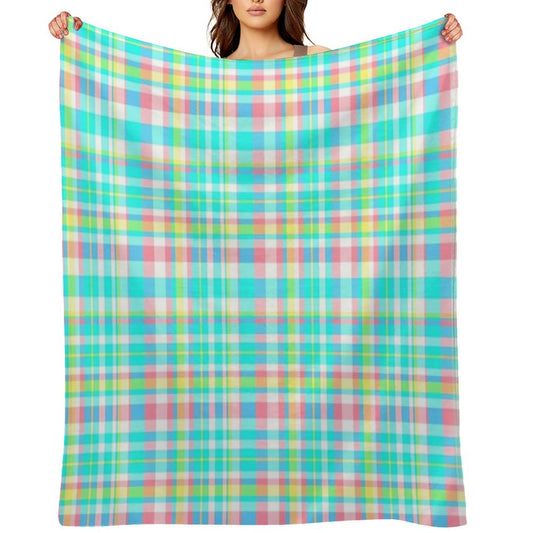Pastel Aqua Blue Pink Yellow Plaid Spring Preppy Throw Blanket