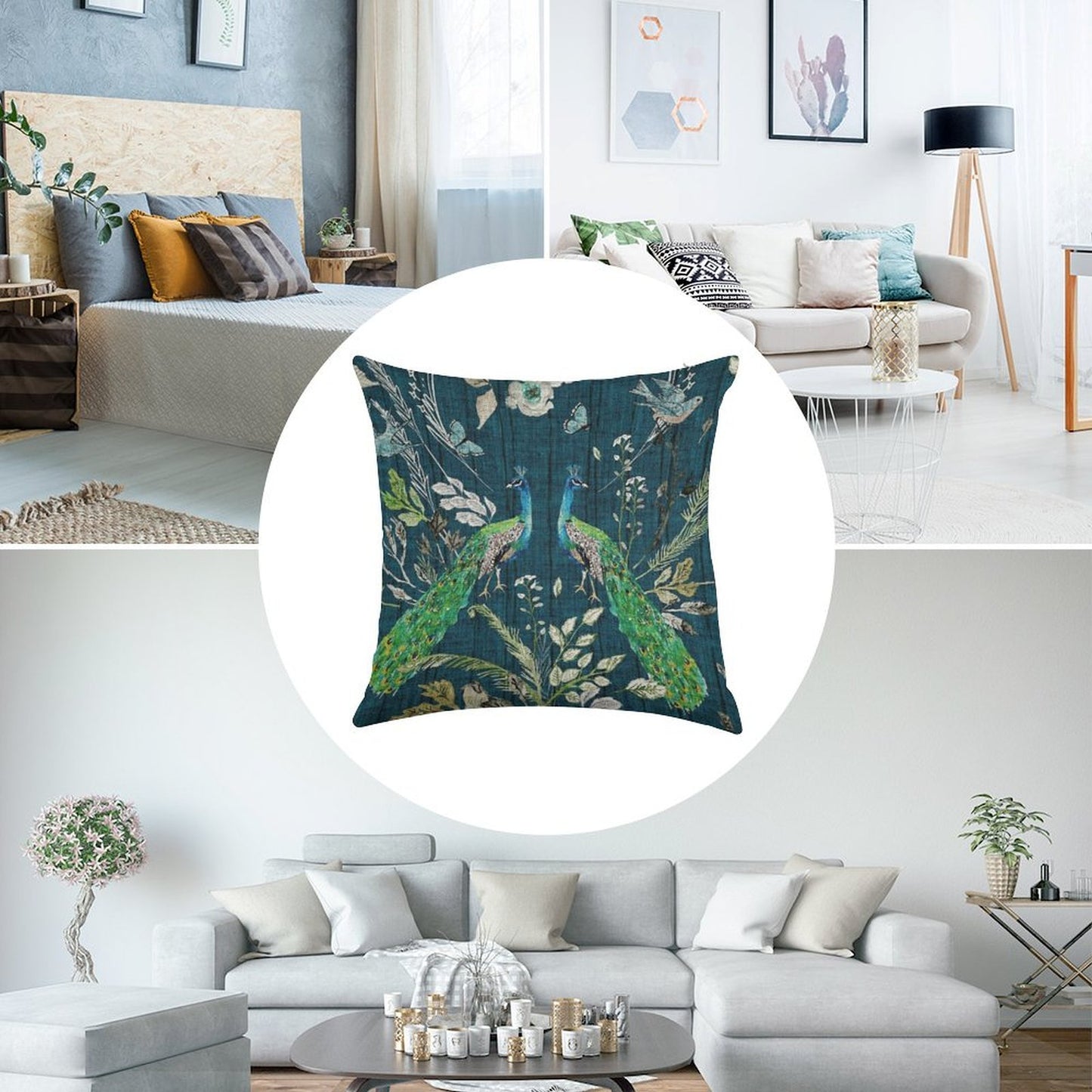 Peacock Chinoiserie (teal) Linen Throw Pillow Cover