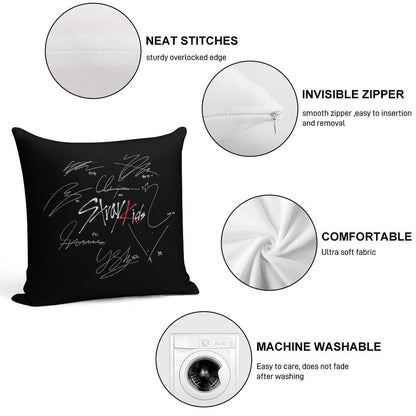 Stray Kids OT8 - Logo with Signatures (black) Soft Skin-Friendly Throw Pillow