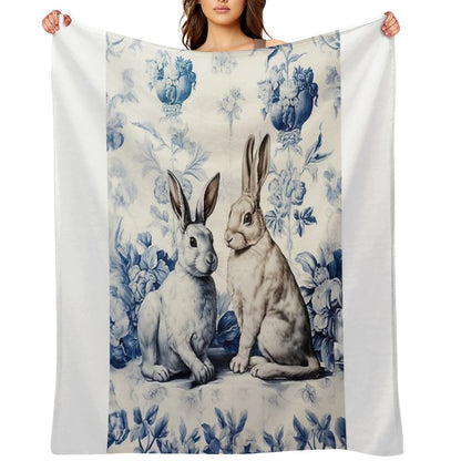 Toile De Jouy Blue Two Rabbits  Delft Blue  Floral And Animal Throw Blanket