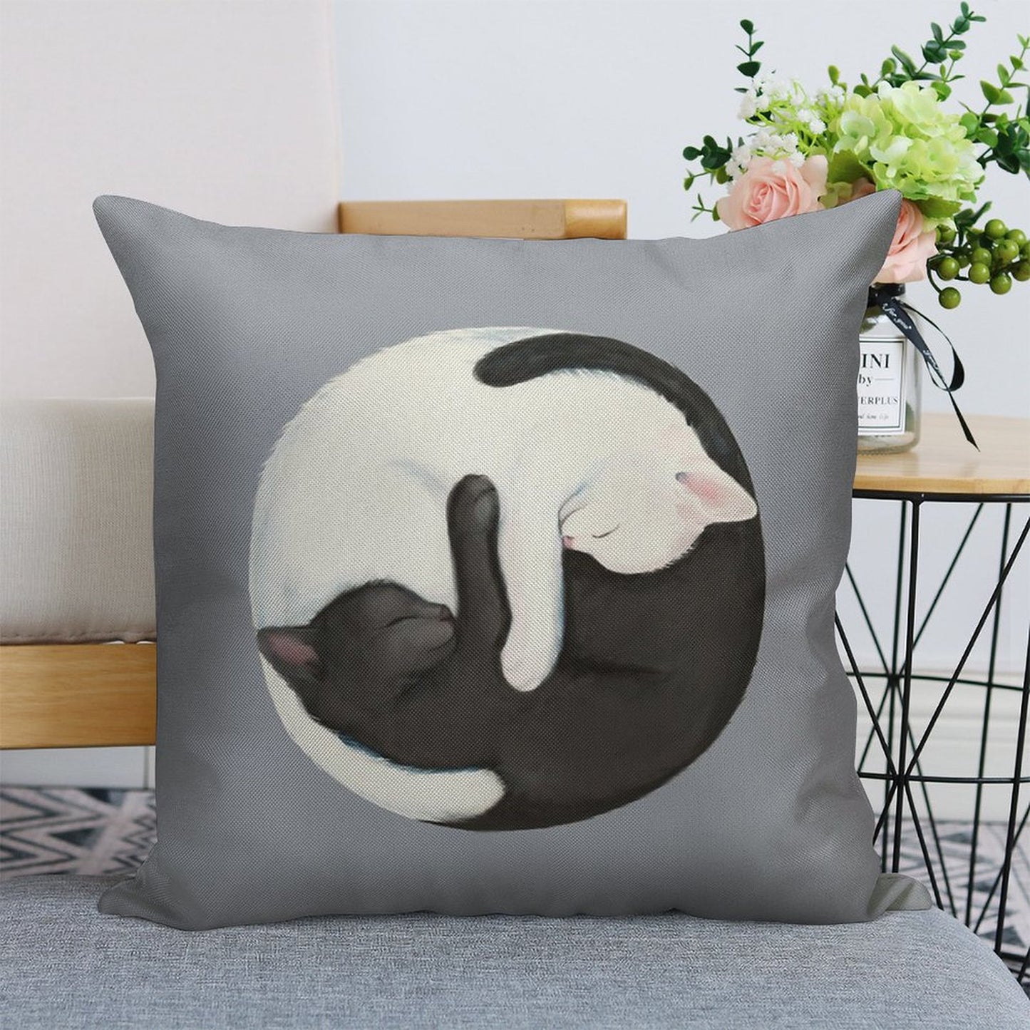 Yin Yang Balancing Cats Linen Throw Pillow Cover