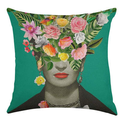 Frida Floral (Green) Linen Throw Pillow Cover