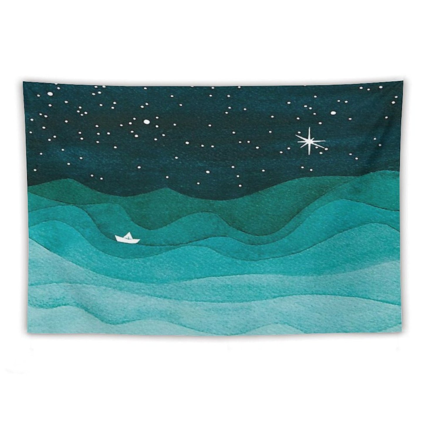 Starry Ocean, Teal Sailboat Watercolor Sea Waves Night Tapestry