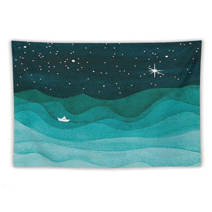 Starry Ocean, Teal Sailboat Watercolor Sea Waves Night Tapestry