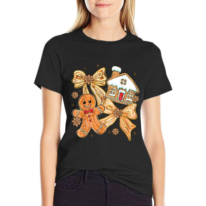 Cute Gingerbread Coquette Bow Christmas Women Kids Girls  Summer-ready Fabric T-Shirt